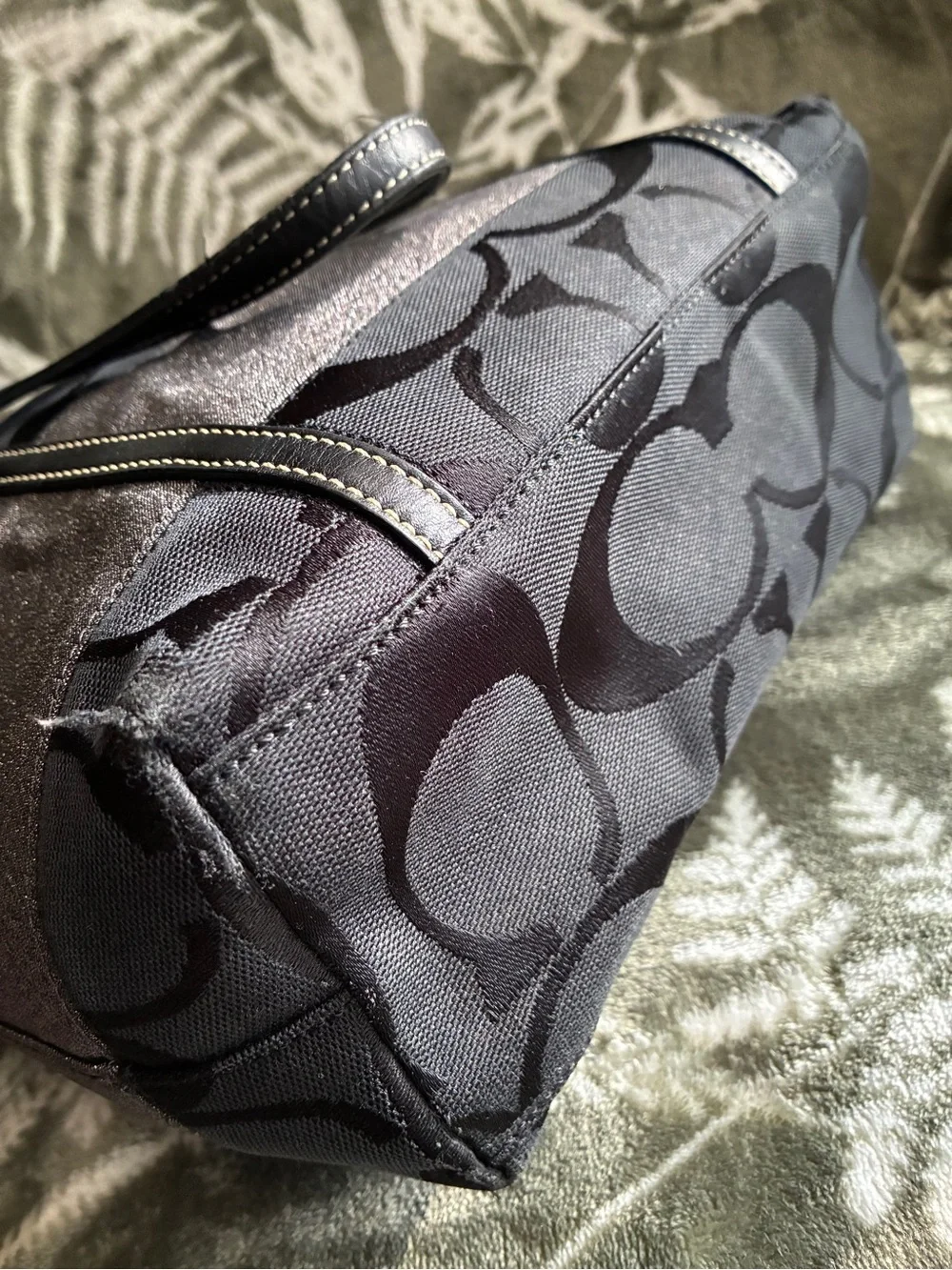 Coach Black Tote with Gray Stripe and Leather Trim